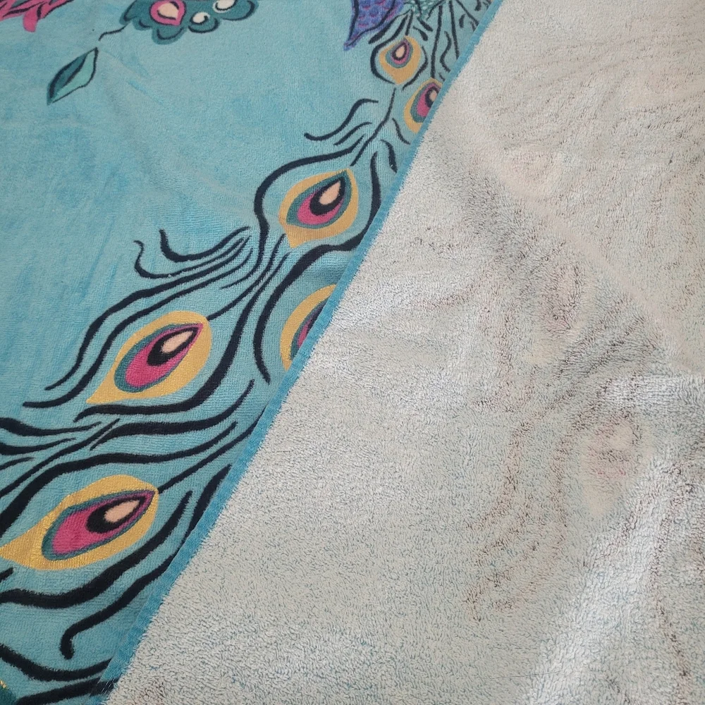 Colorful Peacock Giant Beach Towel Aqua Feathers Oversized Blue Graphic Print